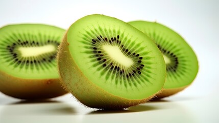Close-Up Photo of a Kiwi Fruit Slice Against a White Background.