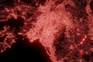 Street map of Athens (Greece) made with red illumination and glow effect. Top view on roads network. 3d render, illustration - obrazy, fototapety, plakaty