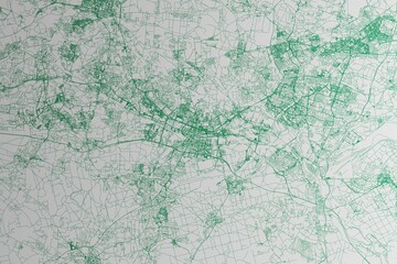 Map of the streets of Katowice (Poland) made with green lines on white paper. 3d render, illustration