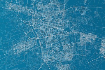 Map of the streets of Lodz (Poland) made with white lines on blue background. 3d render, illustration - obrazy, fototapety, plakaty