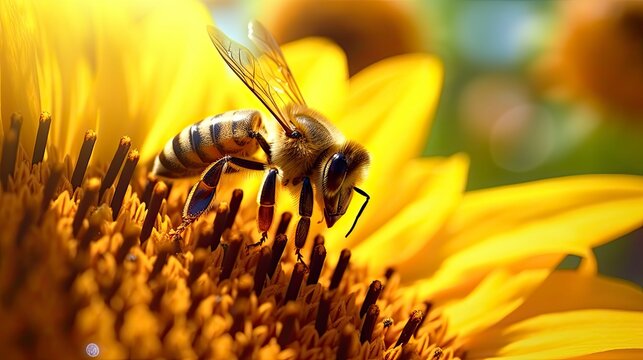 Honeybee at Work. Collecting Pollen on a Sunflower.