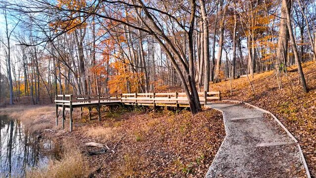 Scenic walking trail in Maybery state park in Novi, Michigan during late autumn time.
