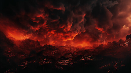 Black fiery red dramatic sky with clouds. Fire, war, explosion, catastrophe, flame. Horror concept. Web banner. Wide bloody red background with space for design. Panoramic. made with generative ai