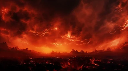 Deurstickers Black fiery red dramatic sky with clouds. Fire, war, explosion, catastrophe, flame. Horror concept. Web banner. Wide bloody red background with space for design. Panoramic. made with generative ai © Farid