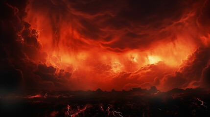 Fototapeta na wymiar Black fiery red dramatic sky with clouds. Fire, war, explosion, catastrophe, flame. Horror concept. Web banner. Wide bloody red background with space for design. Panoramic. made with generative ai