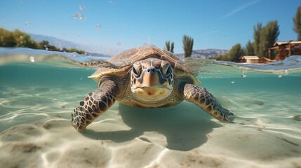 Obraz premium Hawaiian Green sea turtle swimming in the water with splashes of water. (Chelonia mydas) 