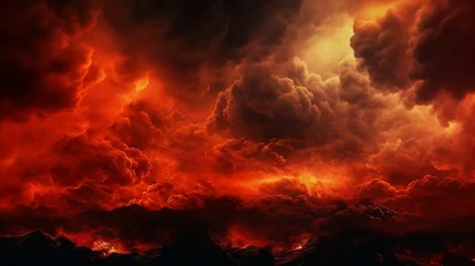  Black fiery red dramatic sky with clouds. Fire, war, explosion, catastrophe, flame. Horror concept. Web banner. Wide bloody red background with space for design. Panoramic. made with generative ai © Farid