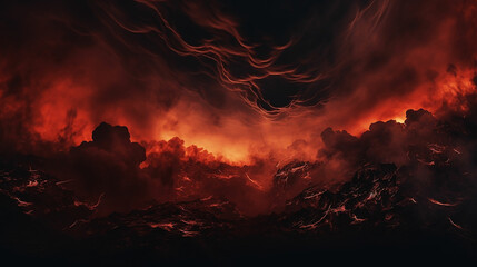 Black fiery red dramatic sky with clouds. Fire, war, explosion, catastrophe, flame. Horror concept....