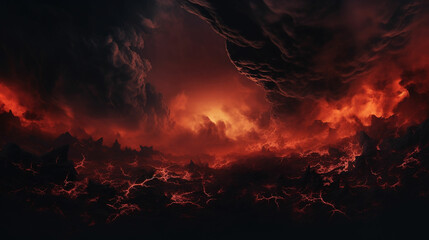 Black fiery red dramatic sky with clouds. Fire, war, explosion, catastrophe, flame. Horror concept. Web banner. Wide bloody red background with space for design. Panoramic. made with generative ai - obrazy, fototapety, plakaty