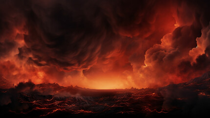 Black fiery red dramatic sky with clouds. Fire, war, explosion, catastrophe, flame. Horror concept. Web banner. Wide bloody red background with space for design. Panoramic. made with generative ai