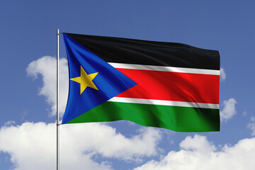 South Sudan flag fluttering in the wind on sky.