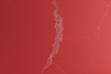 Map of the streets of Antofagasta (Chile) made with white lines on red paper. Top view, rough background. 3d render, illustration