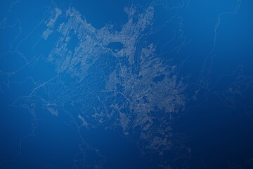 Stylized map of the streets of Arequipa (Peru) made with white lines on abstract blue background lit by two lights. Top view. 3d render, illustration - obrazy, fototapety, plakaty