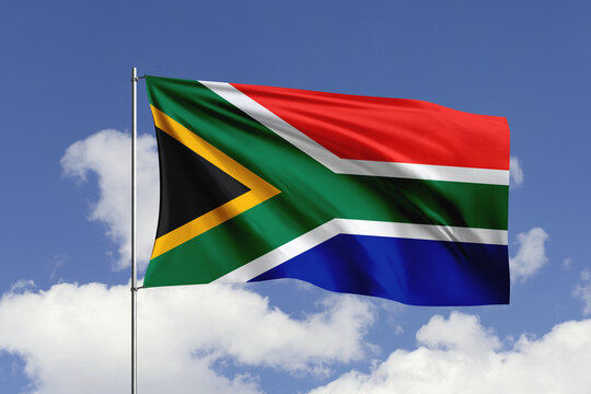 South Africa flag fluttering in the wind on sky.