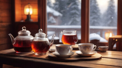 This image shows a cup of steaming tea on a windowsill in the snow. The teapot is filled with hot water, and the cup is filled with hot tea. 