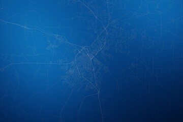 Stylized map of the streets of Alexandria (Louisiana, USA) made with white lines on abstract blue background lit by two lights. Top view. 3d render, illustration