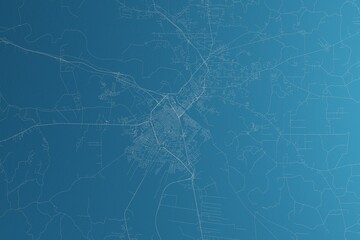 Map of the streets of Alexandria (Louisiana, USA) made with white lines on blue paper. Rough background. 3d render, illustration