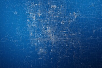 Stylized map of the streets of Columbus (Ohio, USA) made with white lines on abstract blue background lit by two lights. Top view. 3d render, illustration