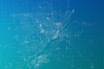 Map of the streets of Toledo (Ohio, USA) made with white lines on greenish blue gradient background. 3d render, illustration