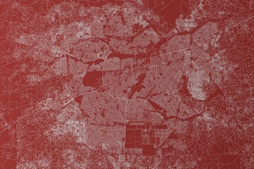 Map of the streets of Ouagadougou (Burkina Faso) made with white lines on red background. Top view. 3d render, illustration - obrazy, fototapety, plakaty