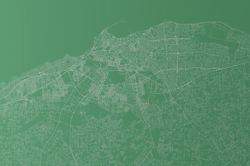 Stylized map of the streets of Tripoli (Libya) made with white lines on green background. Top view. 3d render, illustration
