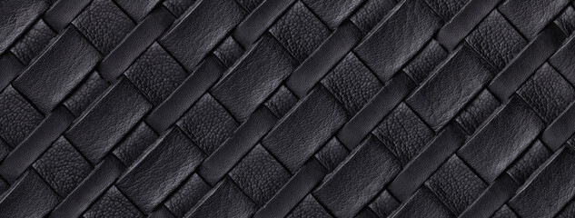 Texture of black leather background with wicker pattern, macro. Abstract backdrop from modern...