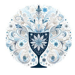 Enchanted Blue Goblet Illustration: A Symmetry of Nature's Elegance - Decorative Chalice with Abstract Floral and Leaf Motifs for Fantasy and Growth Concepts