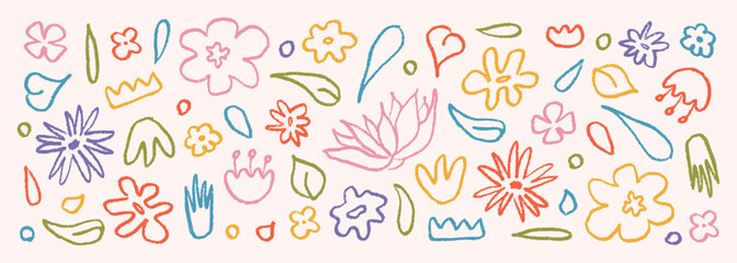 Set hand drawn in color brush linear flowers. Abstract modern background with plants