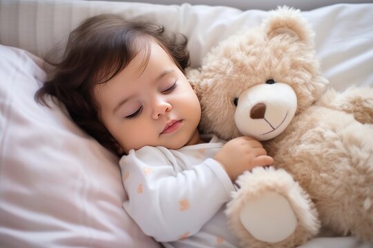 Toddler girl with dark hair in shirt sleeps sweetly in company of best friend teddy bear seeing pleasant dreams. Little girl has sweet dreams in bed with favorite toy small teddy bear