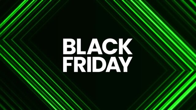 Black Friday graphic element with sleek green neon lines. Bold black friday sale banner design 4k animation. sales shopping social media background.