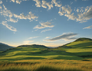 Fototapeta premium landscape with mountains and sky, A scenic backdrop of a flourishing grass covered hill