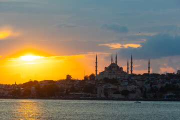 Sultanahmet or Blue Mosque view at sunset with dramatic clouds