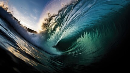 Fototapeta na wymiar Inside view of a dynamic, foamy ocean wave
