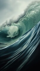 Inside view of a dynamic, foamy ocean wave