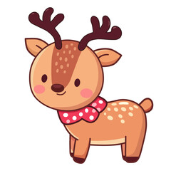 Cute Reindeer with horns red scarf. Christmas Cartoon vector illustration.