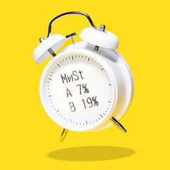 White bell alarm clock hovering over yellow background. german cash sales receipts. financial...
