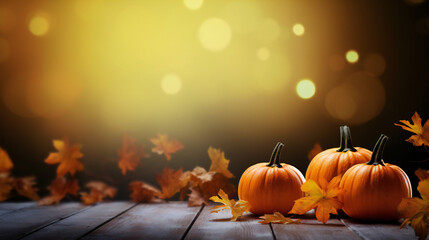 Mini thanksgiving pumpkins and leaves on rustic wooden table with lights and bokeh on wood background. AI generated
background
