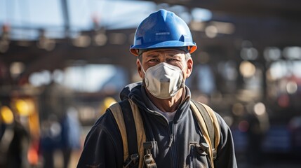 The worker is using protective face mask to protect himself from covid-19. Coronaviruses can cause colds with major symptoms, such as fever, and a sore throat from swollen adenoids.