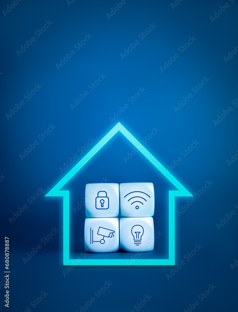 Poster smart home technology concept. digital home shape, neon style with iot application management, autom