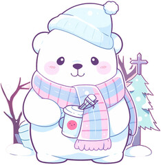 Kawaii Cute Bear Isolated on Transparent Background