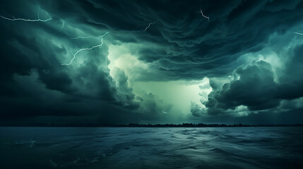 Dramatic sky with clouds. Black blue green night sky. Thunderstorm. Dark teal color background....