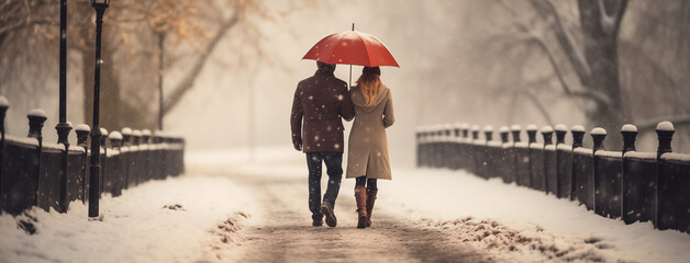Snowy weather environment, Couple walking on cold day in winter through a road with umbrella and surrounded by white snow	 - obrazy, fototapety, plakaty