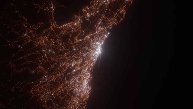 Rijeka (Croatia) aerial view at night. Top view on modern city with street lights. Camera is zooming out, rotating counterclockwise. Vertical video. The north is on the left side