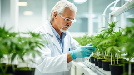 Old man scientist grows medical cannabis in scientific laboratory carefully checking quality of plants. Mature scientist lab technician in bathrobe and gloves checking medical cannabis plants in pots