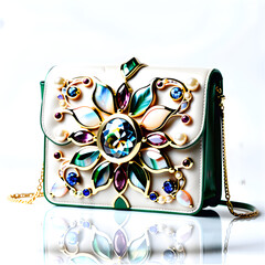 Nature-Inspired Elegance: A women's handbag crafted with mother-of-pearl, pearls, and gemstones..(Generative AI) 