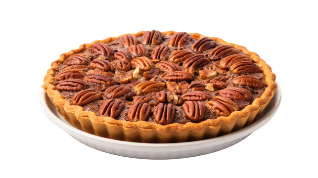 Pecan pie on white isolated on clear png background and transparent background. Bakery and pastry concept for cafe and restaurent, AI generative. 