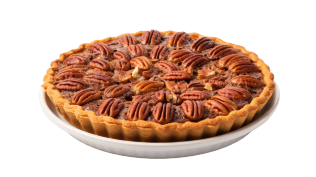 Pecan pie on white isolated on clear png background and transparent background. Bakery and pastry concept for cafe and restaurent, AI generative. 