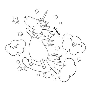 Cute unicorn rides a skateboard and farting with smoke exploding out from his bottom. Black and white pattern for coloring. Coloring book anti-stress for children and adult. Vector EPS8