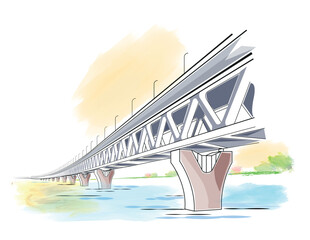 Padma shetu Illustration and line drawing. Concept of new constructed bridge in bangladesh - obrazy, fototapety, plakaty