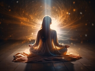 Woman pray sitting on knees, at light background